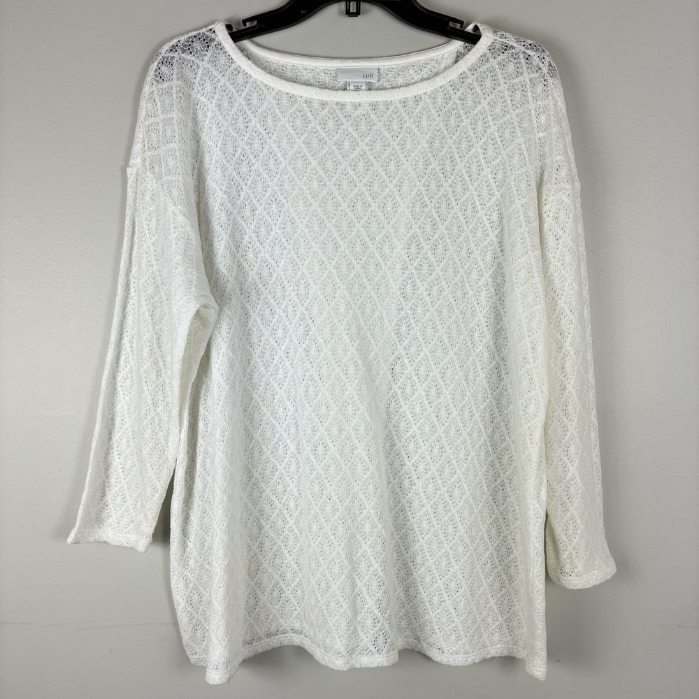 J Jill White Open Knit Top Womens Sz Large 3/4 Sleeve Beach Vacation Casual